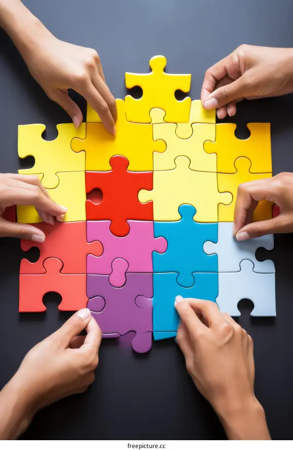 Diverse hands fitting puzzle pieces together