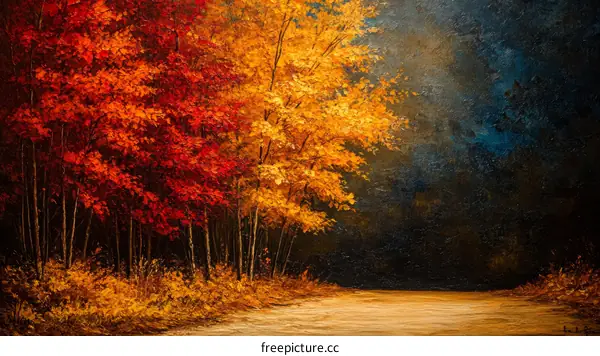 Autumn Forest Path Painting with Vibrant Colors