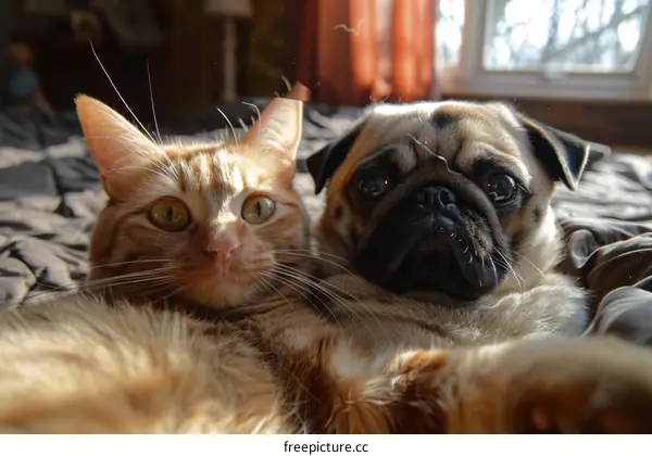 An orange cat and a pug are lying on a bed and looking at the camera