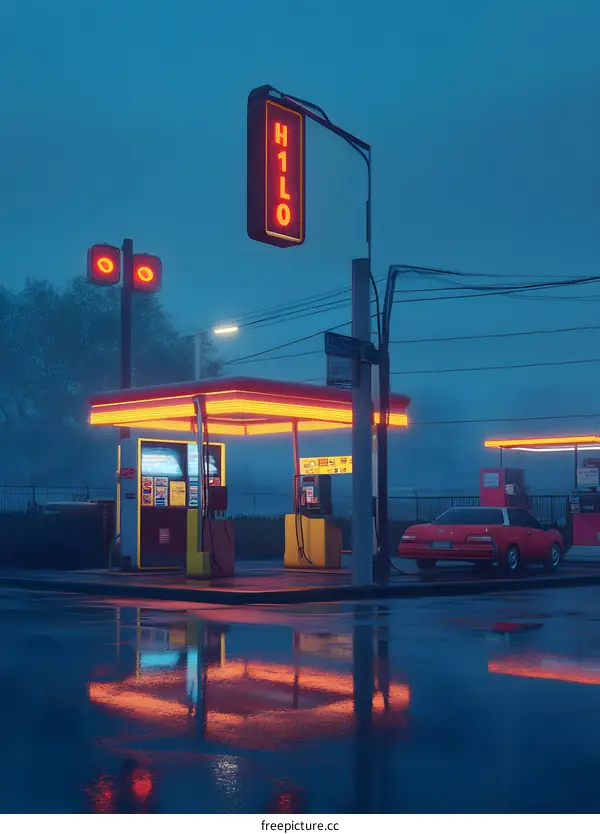 Neon Lights Reflecting On Wet Asphalt at a Gas Station