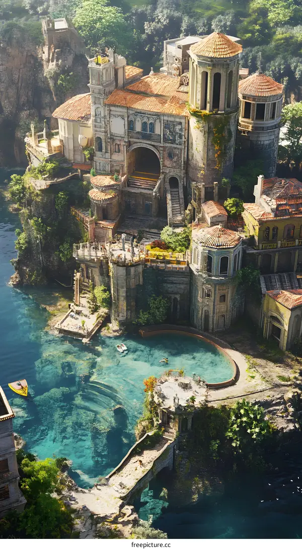 Aerial View of a Fantasy City Built on a Cliff with a Clear Blue Pool