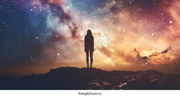 girl standing on the rock in front of the starry night sky