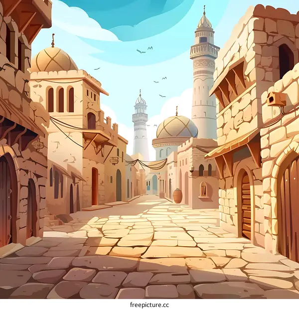 Traditional Arab City Street with Stone Architecture and a View of a Minaret