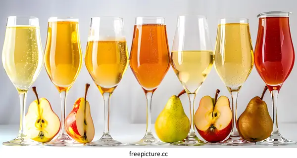 Various Flavors of Sparkling Cider in Glasses with Pears and Apple Slices
