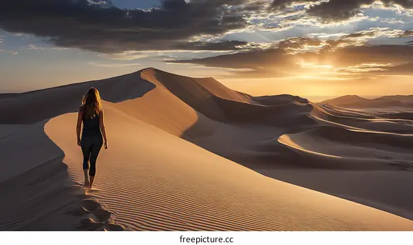 Woman Walking Through Golden Desert Dunes at Sunrise