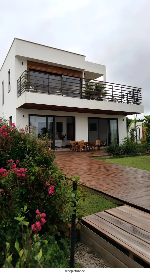 Modern White House with Wooden Deck and Balcony