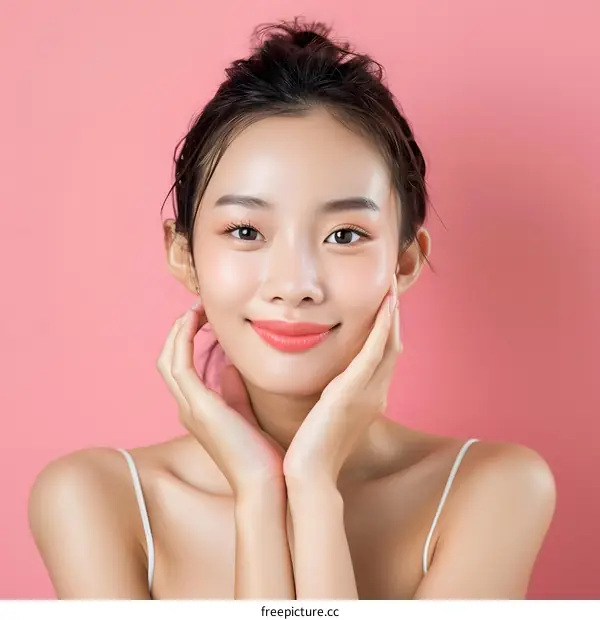 Beautiful Asian Woman with Pink Background