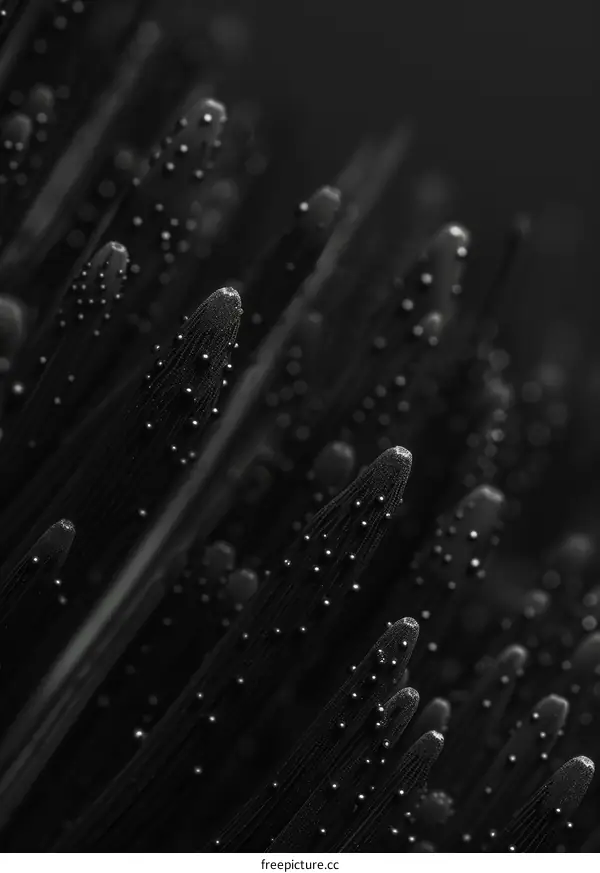 Black and white image of a plant with a lot of small round balls on it