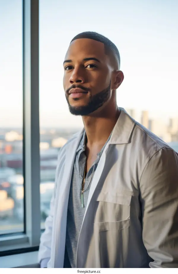 A young African-American male doctor wearing a white lab coat stands in a hospital room looking at the camera