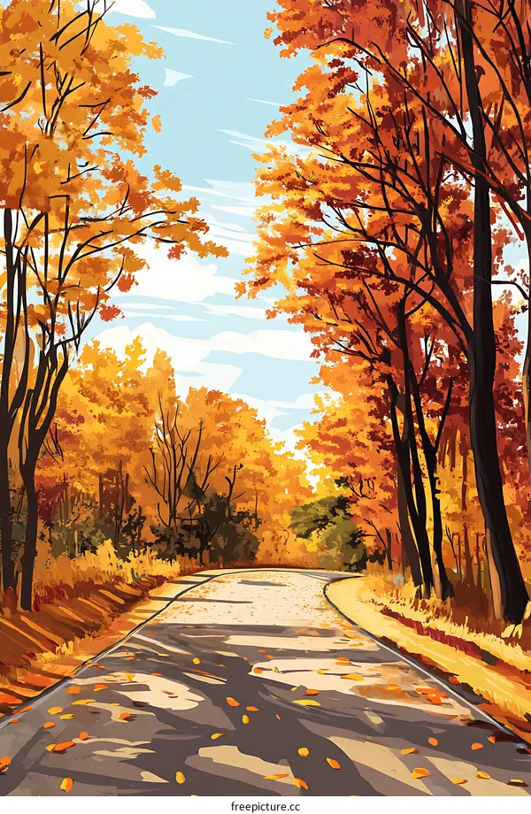 Autumn Road Through Golden Trees