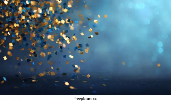 Gold and Blue Confetti Falling on a Blue Background