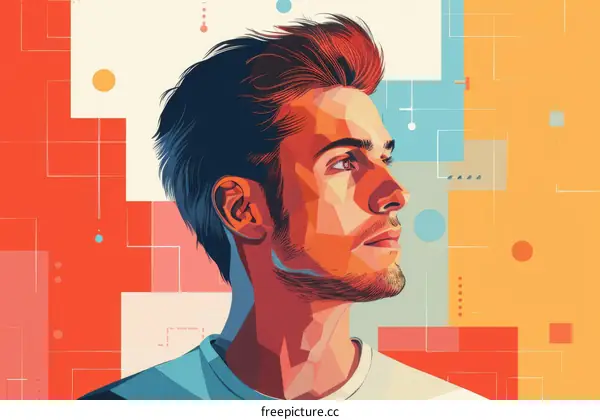 Portrait of a young man with a beard and a geometric background