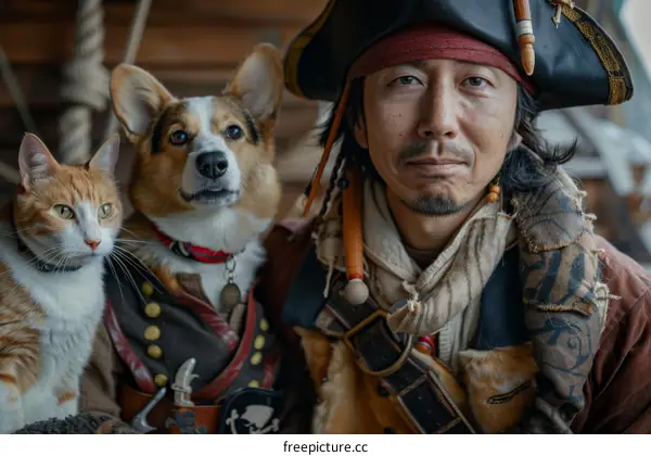 A pirate with a cat and a dog