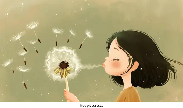 Little girl blowing dandelion seeds in the wind