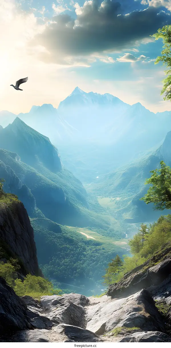 Mountain Landscape with a Bird in Flight