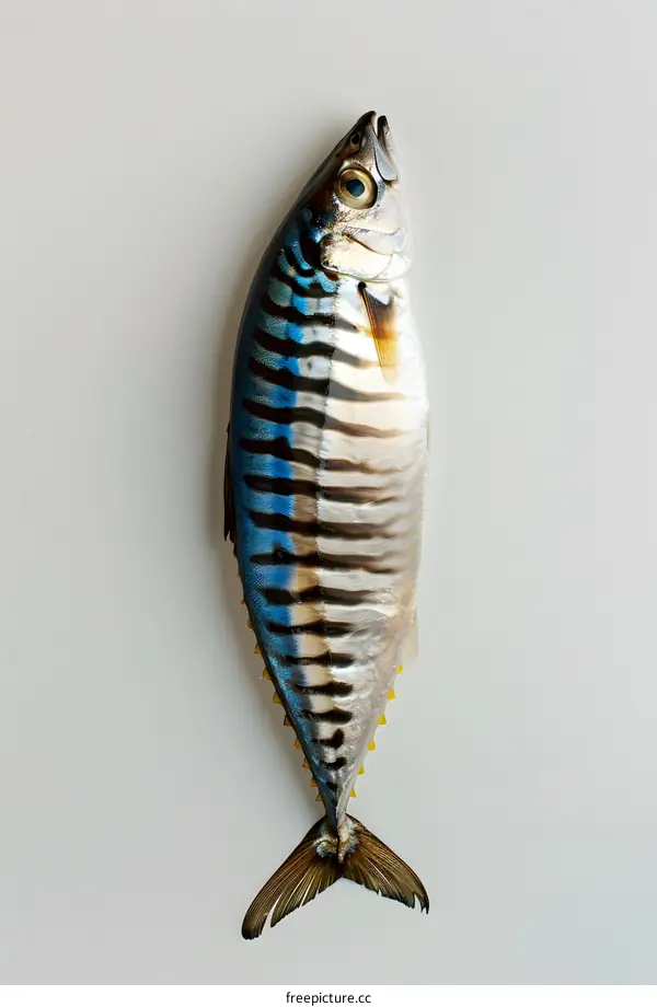 A close-up of a mackerel on a white background