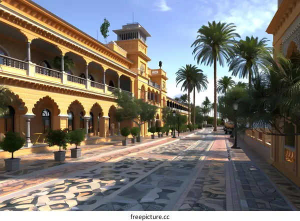 Street with Palm Trees and Yellow Buildings