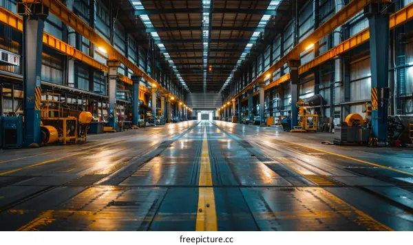Industrial Warehouse Interior with Bright Yellow Lines on Concrete Floor