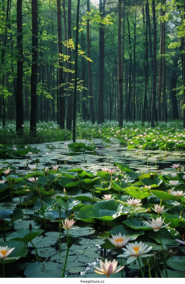 Mystical Forest Pond with Glowing Water Lilies