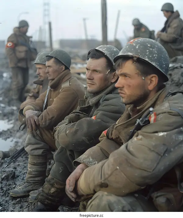 A group of soldiers in the middle of a war zone
