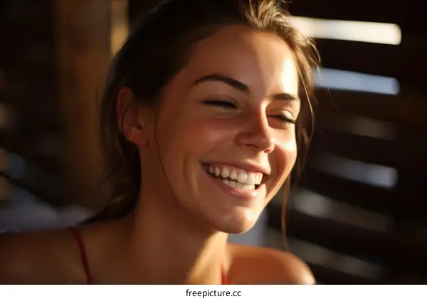 Portrait of a beautiful young woman smiling with her eyes closed