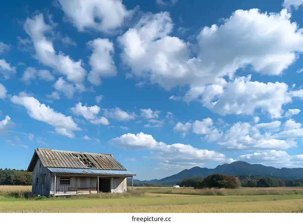 Abandoned Farmhouse With Blue Sky and Mountains in the Background