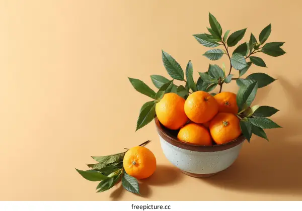 Fresh Oranges in a Ceramic Bowl with Leaves