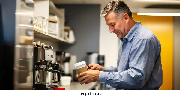 Man Making Coffee in the Office Kitchen