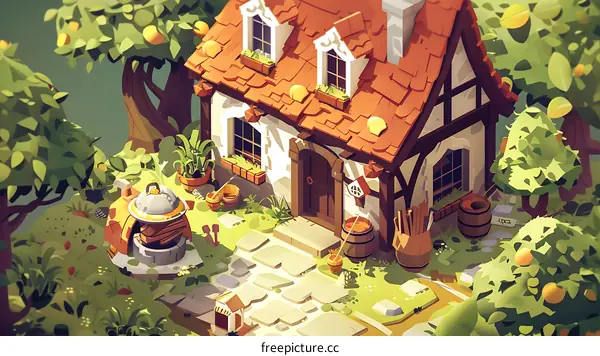 Low Poly Illustration of a Cottage with Trees and a Stone Path