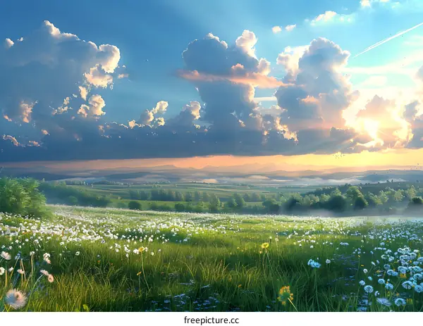 A field of flowers under the sunset