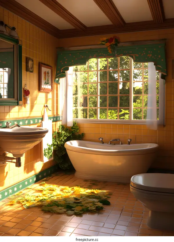 Beautiful Yellow Bathroom With Bathtub and Window