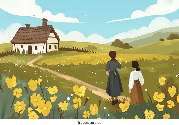 Two Women Walking Through a Field with a House in the Background