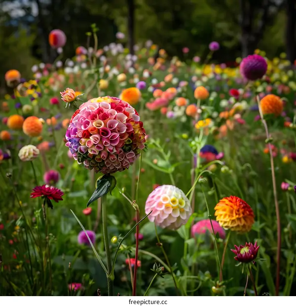 Colorful Dahlias in a Field