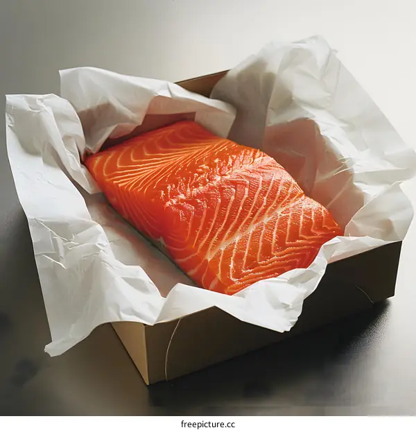 Fresh salmon fillet on white paper in cardboard box