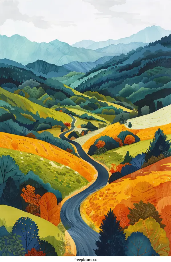 Colorful landscape with a winding road going through green hills and mountains