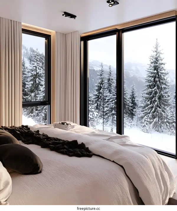 Bedroom With A View Of Snowy Forest