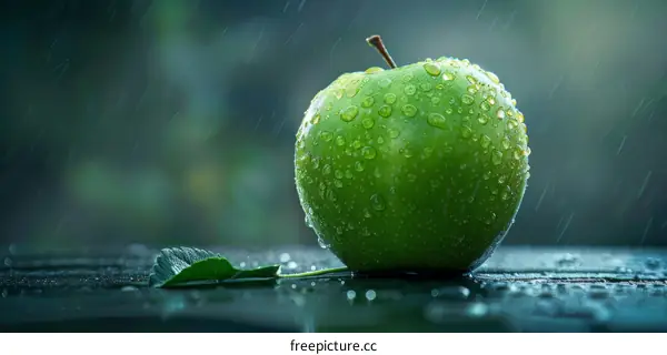 Green Apple on a Wet Table in the Rain