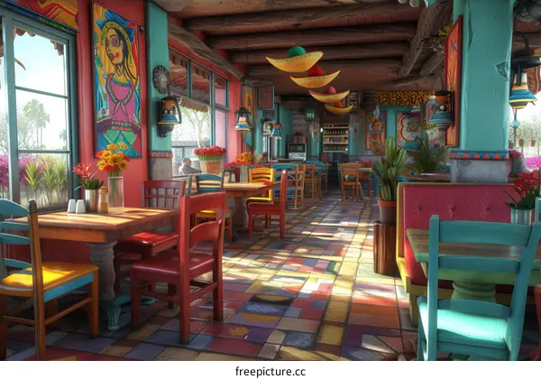 Colorful Mexican restaurant interior with tables, chairs, and decorations
