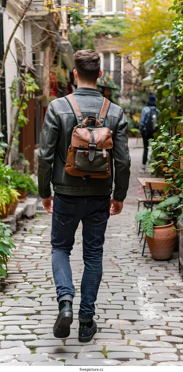 Man Walking on Cobblestone Street in City