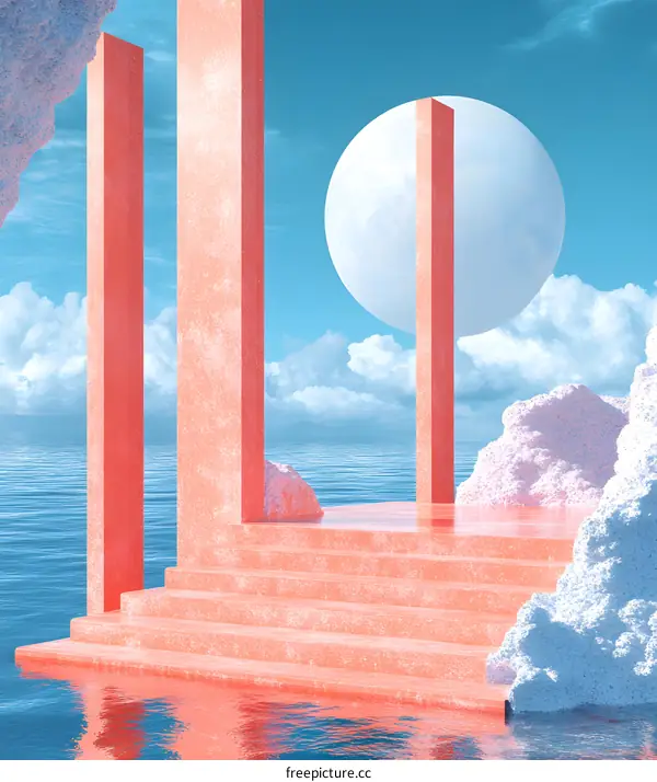 Abstract Surreal Art with Pink Pillars, Steps, and Moon