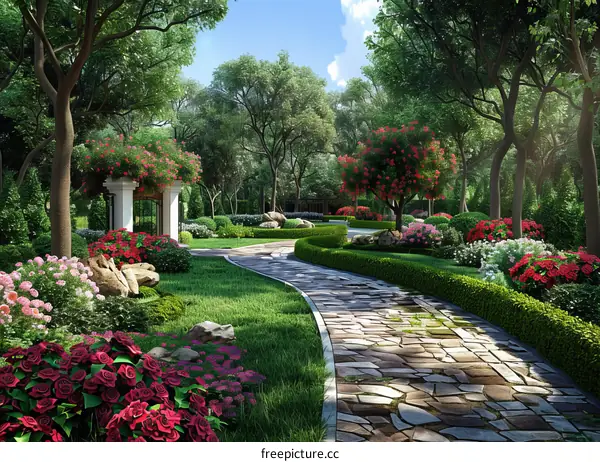 Tranquil Stone Path in a Serene Lush Garden