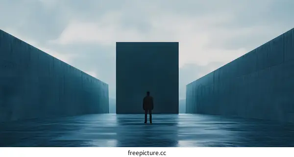 Man Standing in Front of a Large Wall in an Empty Hallway