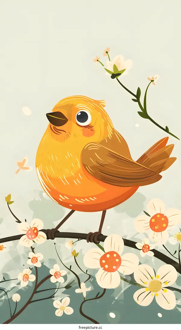 Cute Yellow Bird Illustration On Flower Branch