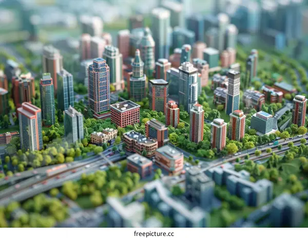 City Model with Buildings, Trees, and Green Areas