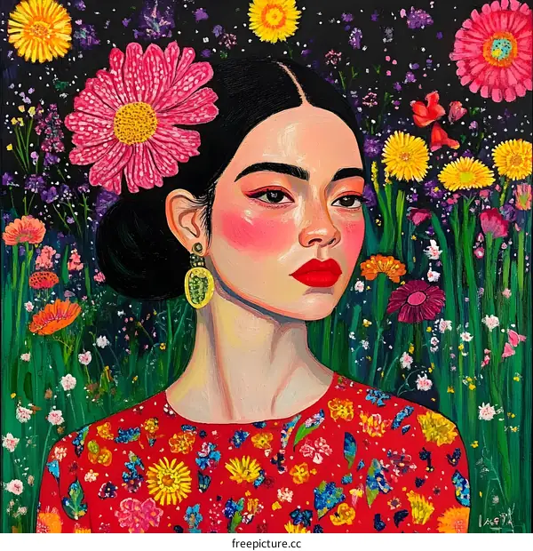 Woman with Flower in Hair Portrait Illustration