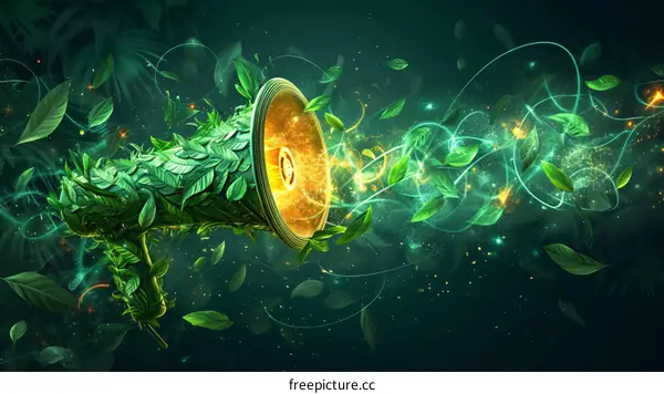 Green leaves megaphone with glowing particles