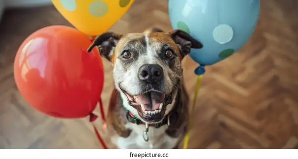 A happy dog surrounded by colorful balloons