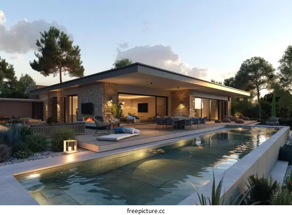 Modern house with swimming pool at sunset