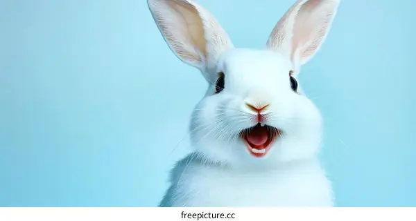 Adorable White Rabbit Portrait Against Light Blue Background