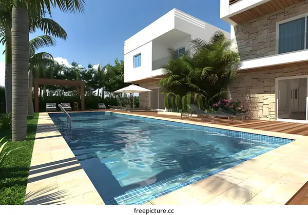 Modern Luxury Villa Backyard with Swimming Pool and Palm Trees